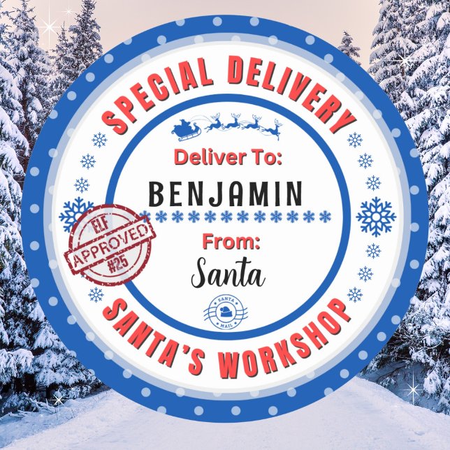 Special Delivery from Santa to Child Gift Label (White background, bold. Recommend 3"/Matte for hand written names. Merry Christmas!)