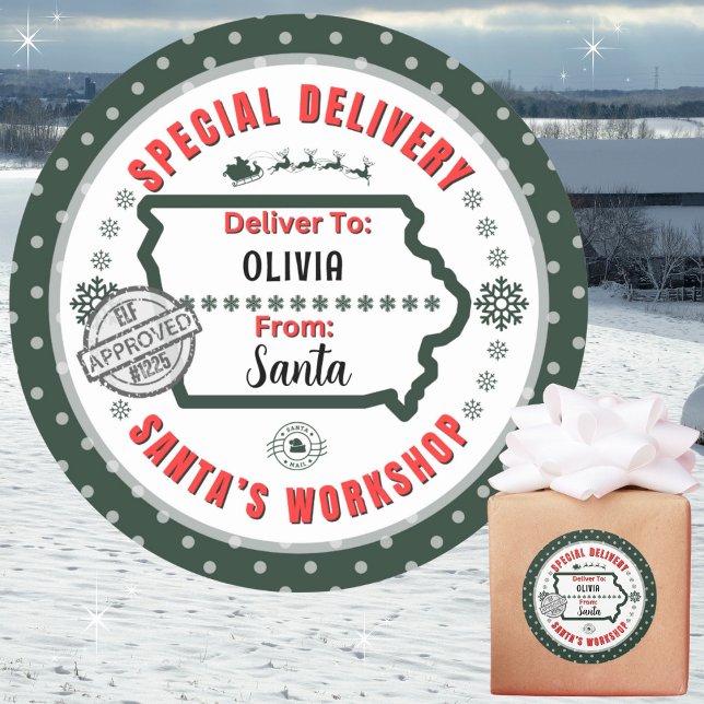 Special Delivery from Santa to Child in Iowa Green Classic Round Sticker (Recommend 3"/Matte for hand written names. Merry Christmas!)