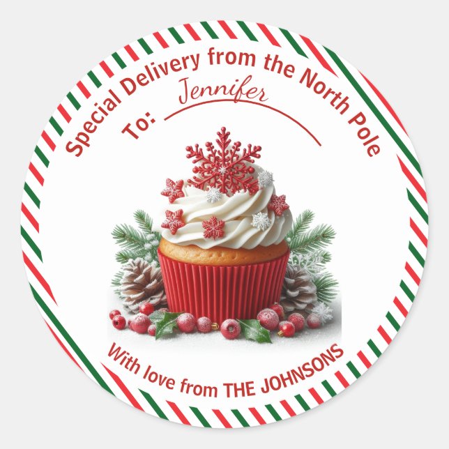 Special Delivery from the North Pole Cupcake Classic Round Sticker (Front)