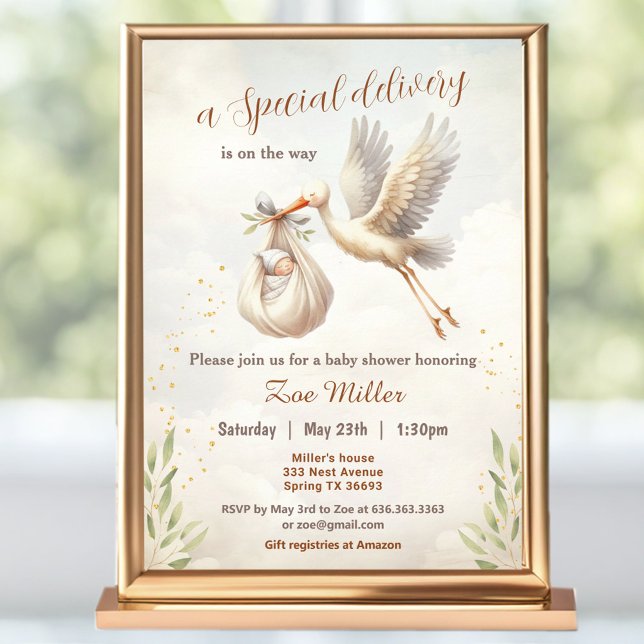 Special Delivery Gender Neutral Stork Baby Shower Invitation (Special Delivery Gender Neutral Stork Baby Shower Invitation)