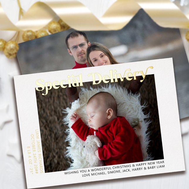 Special Delivery New Baby Christmas Photo Gold Foil Holiday Card (Creator Uploaded)