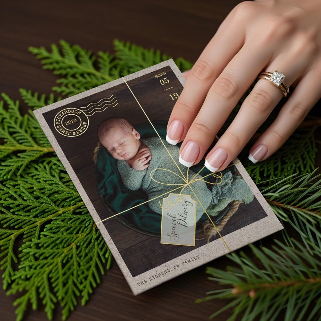 Special Delivery Parcel Baby Birth Stats & Photo Foil Holiday Card (Special Delivery Parcel Baby Birth Stats & Photo Foil Holiday Card)