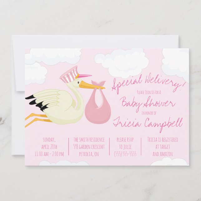 Special Delivery!  Pink Stork Baby Shower Invitation (Front)