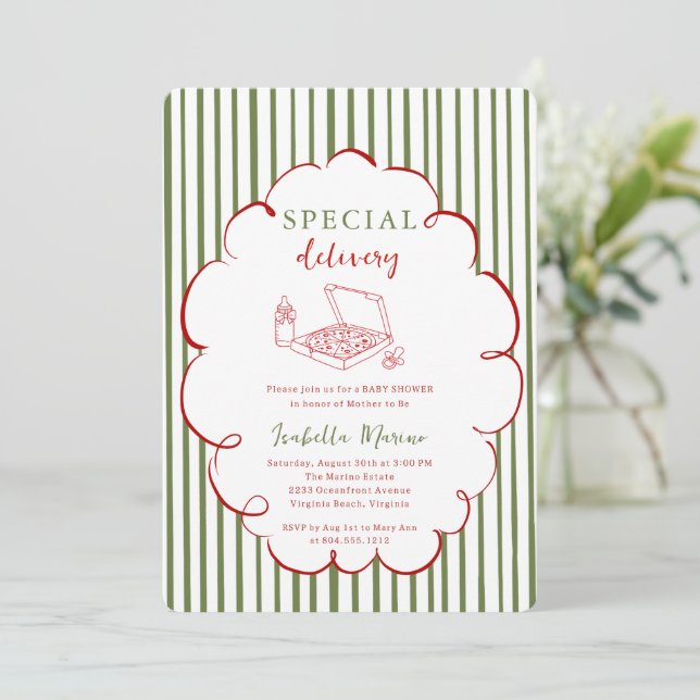 Special Delivery Pizza Baby Shower Invitation (Standing Front)