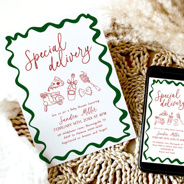 Special Delivery Pizza Baby Shower Italian Invitation (Special Delivery Italian baby shower invitation)