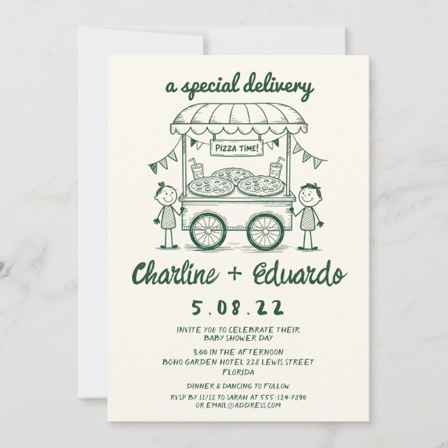 Special Delivery Pizza doodle baby shower girl boy Invitation (Front)
