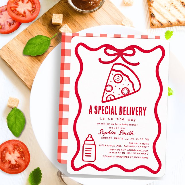 Special Delivery Red Hand-drawn Pizza Baby Shower Invitation (Creator Uploaded)