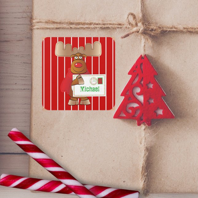 Special Delivery Rudolph Reindeer North Pole Red Square Sticker (Creator Uploaded)