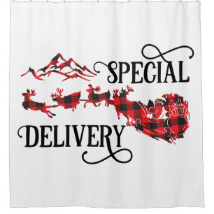 Special Delivery Santa & Sleigh Scene Plaid Shower Curtain