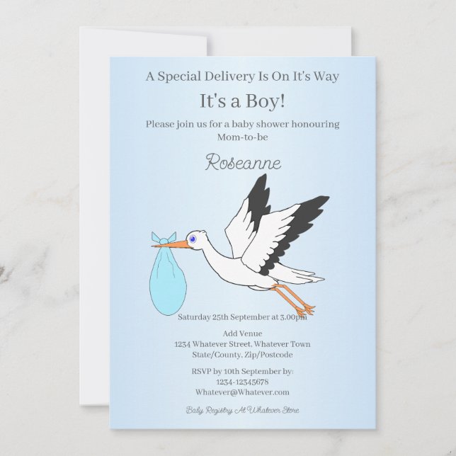 Special Delivery Stork Baby Boy Baby Shower Invitation (Front)