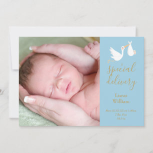 Special Delivery Stork Baby Boy Blue Photo Birth Announcement