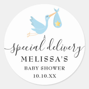 Special Delivery Stork Baby Boy Shower Sprinkle Classic Round Sticker