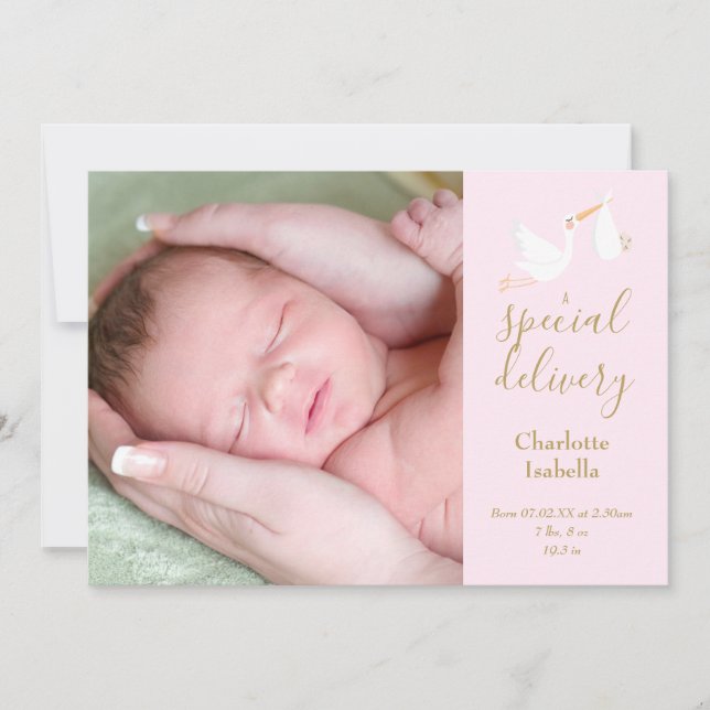 Special Delivery Stork Baby Girl Photo Pink Birth Announcement (Front)