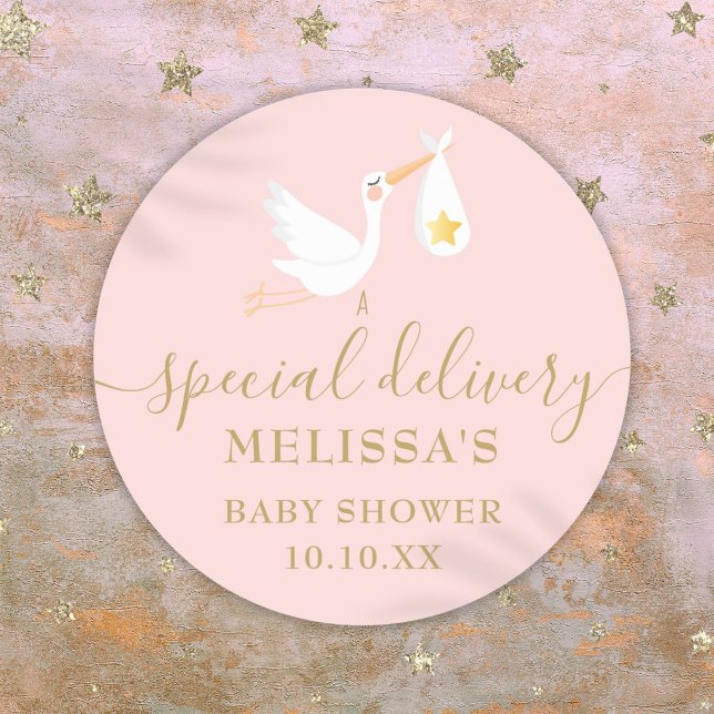 Special Delivery Stork Baby Girl Pink Shower Classic Round Sticker (Special Delivery Stork Baby Girl Pink Shower Classic Round Sticker)