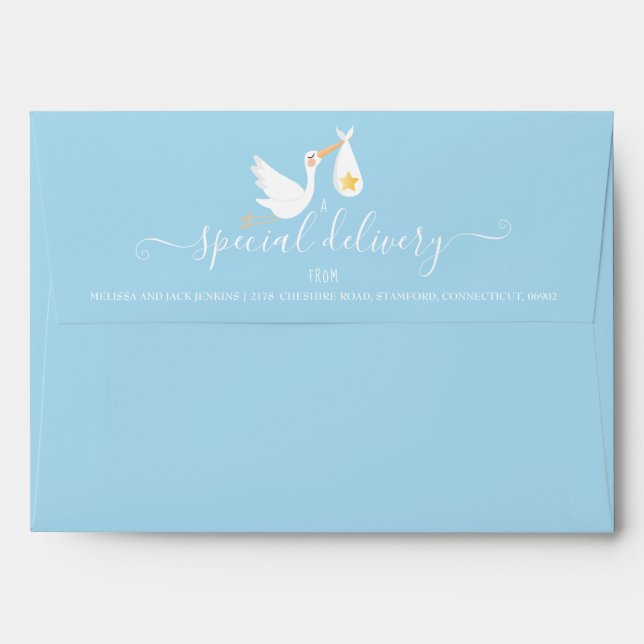 Special Delivery Stork Baby Shower Sprinkle Blue Envelope (Back (Top Flap))