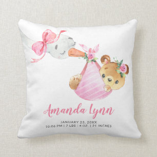 Special Delivery Stork Bear Baby Birth Stats Cushion