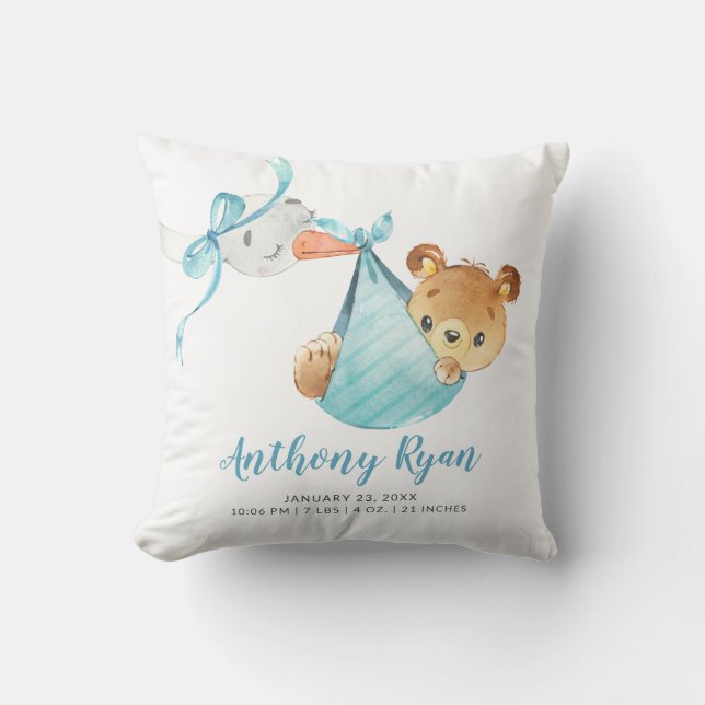 Special Delivery Stork Bear Baby Birth Stats Cushion (Front)