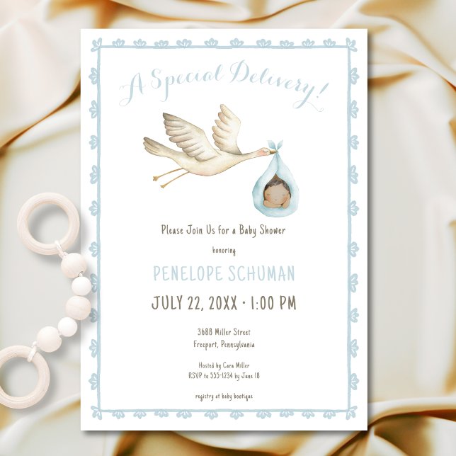 Special Delivery Stork Blue Baby Boy Baby Shower Invitation (Creator Uploaded)