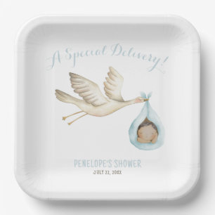 Special Delivery Stork Blue Baby Boy Baby Shower Paper Plate
