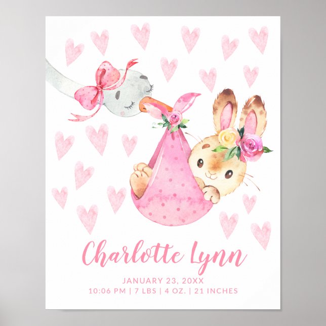 Special Delivery Stork Bunny Baby Birth Stats Poster (Front)