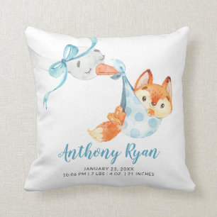 Special Delivery Stork Fox Baby Birth Stats Cushion