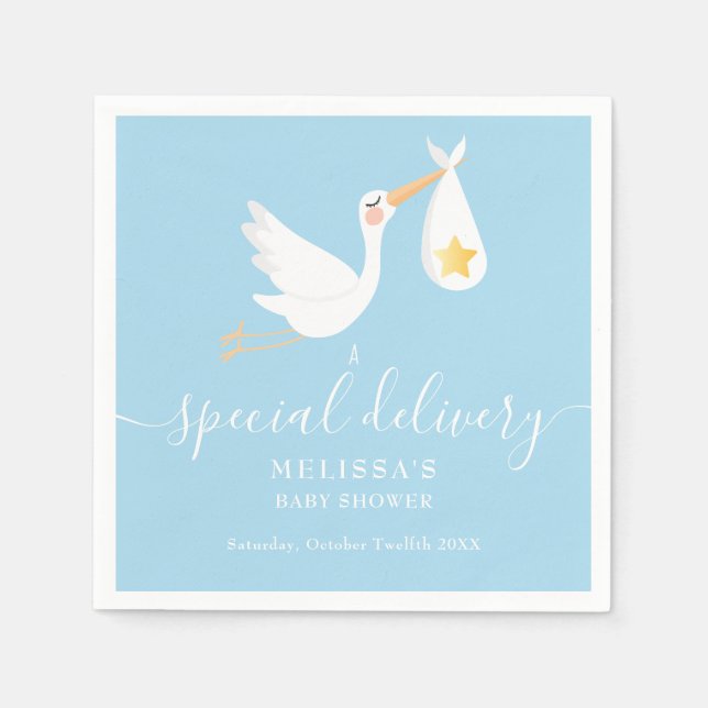Special Delivery Stork Gold Star Blue Baby Shower Napkin (Front)