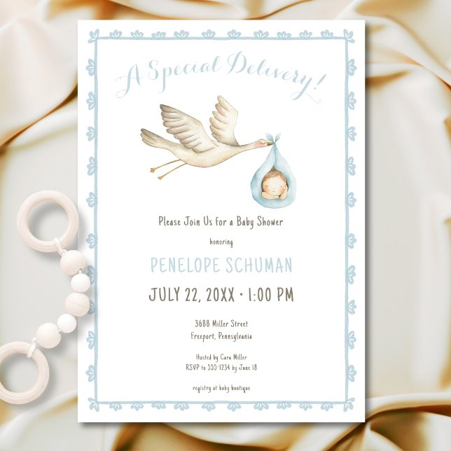 Special Delivery Stork Pink Baby Boy Baby Shower Invitation (Creator Uploaded)