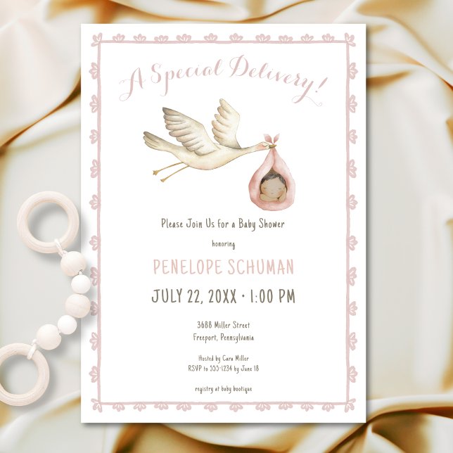 Special Delivery Stork Pink Baby Girl Baby Shower Invitation (Creator Uploaded)