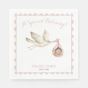 Special Delivery Stork Pink Baby Girl Baby Shower Napkin