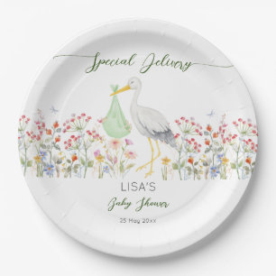 Special delivery stork spring baby shower printed paper plate