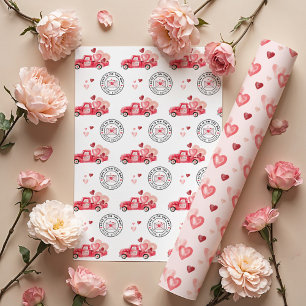 Special Delivery Valentine Hearts Watercolor Truck Wrapping Paper Sheet