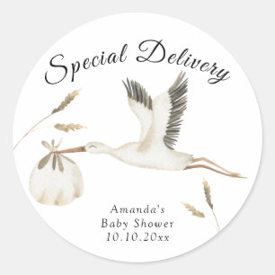 Special Delivery Watercolor Stork Baby Shower Classic Round Sticker