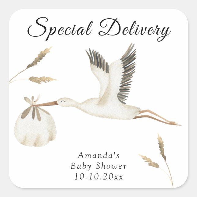 Special Delivery Watercolor Stork Baby Shower Square Sticker (Front)