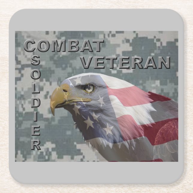 Special Design “Combat Veteran with Eagle & US Fla Square Paper Coaster (Front)