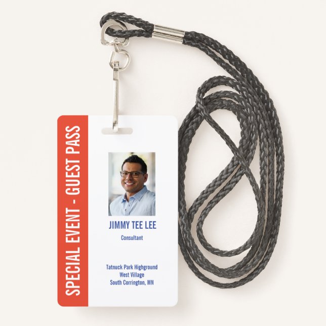 Special Event Security Photo Pass ID Badge (Front with Lanyard)