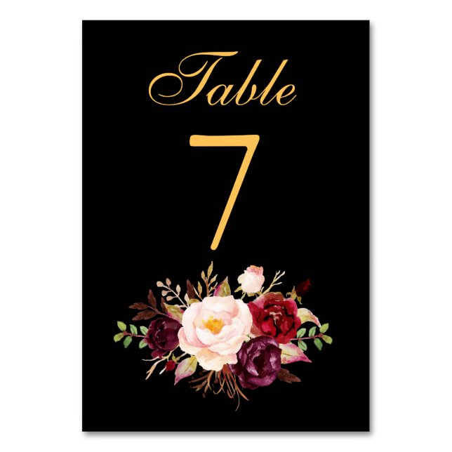 Special -  Floral Burgundy Black Gold Wedding Table Number (Front)