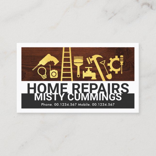 Special Gold Handyman Tools On Timber Business Card (Front)