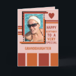 Special granddaughter add photo burgundy birthday card<br><div class="desc">Personalise this Birthday greeting Card for your granddaughter,  or change to suit.
Add a photo and message.
Happy birthday to a very special granddaughter.
Designed in burgundy,  orange and pink with stripes and a love heart.</div>