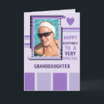 Special granddaughter add photo purple birthday card<br><div class="desc">Personalise this Birthday greeting Card for your granddaughter,  or change to suit.
Add a photo and message.
Happy birthday to a very special granddaughter.
Designed in purple and lilac with stripes and a love heart.</div>