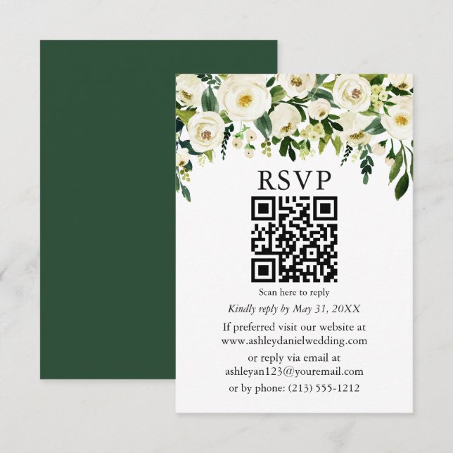 Special -  Green White Floral QR Wedding RSVP Card (Front/Back)