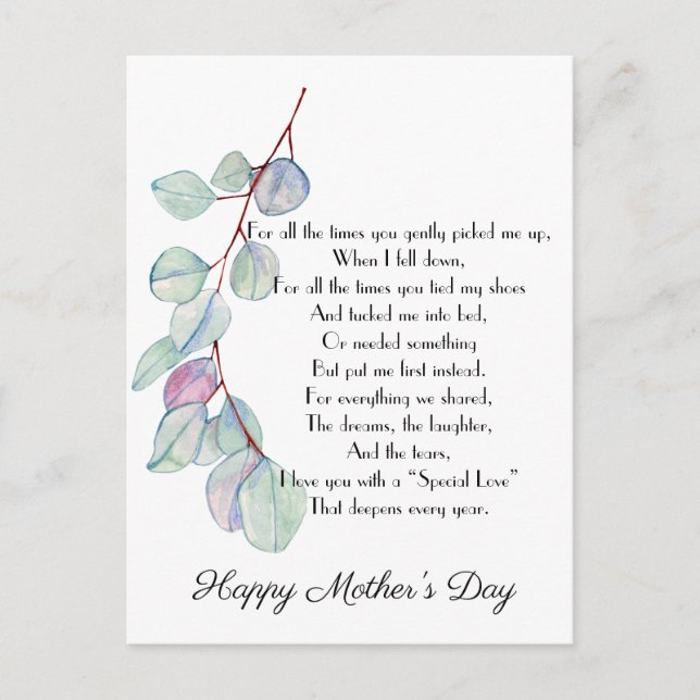 Special Love Mother's Day Poem  Postcard (Front)
