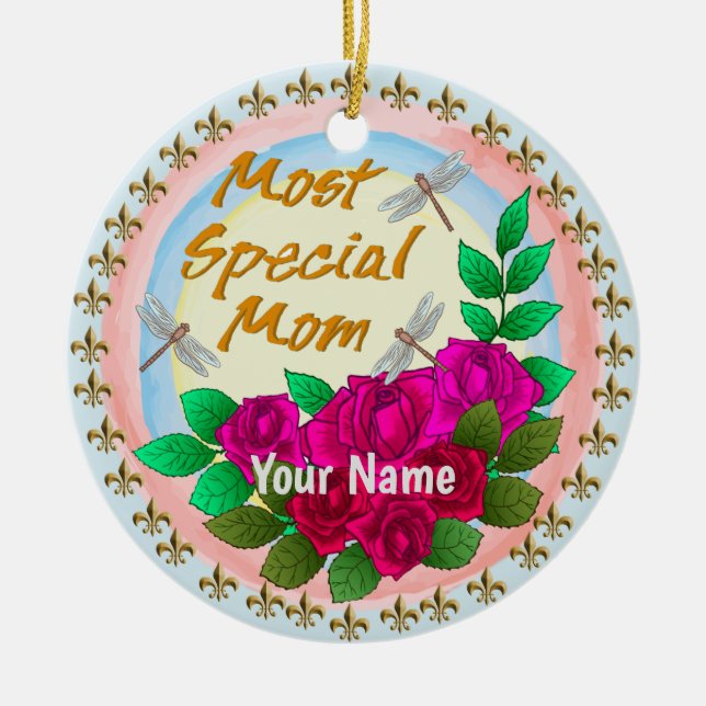 Special Mom Roses custom name Ceramic Tree Decoration (Front)
