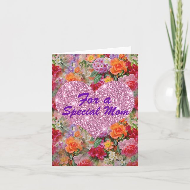 Special Mum Pink Heart Colourful Spring Flowers Card (Front)