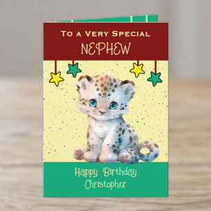 Special Nephew leopard kids burgundy birthday Card