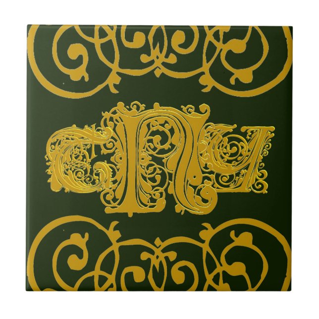 Special Order Ceramic Tile with Gold Lacy Monogram (Front)