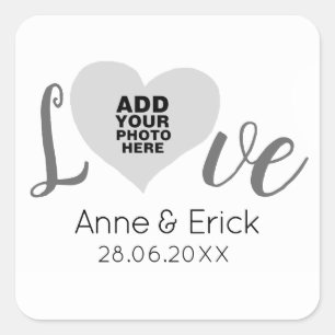 special photo on love heart frame with names square sticker