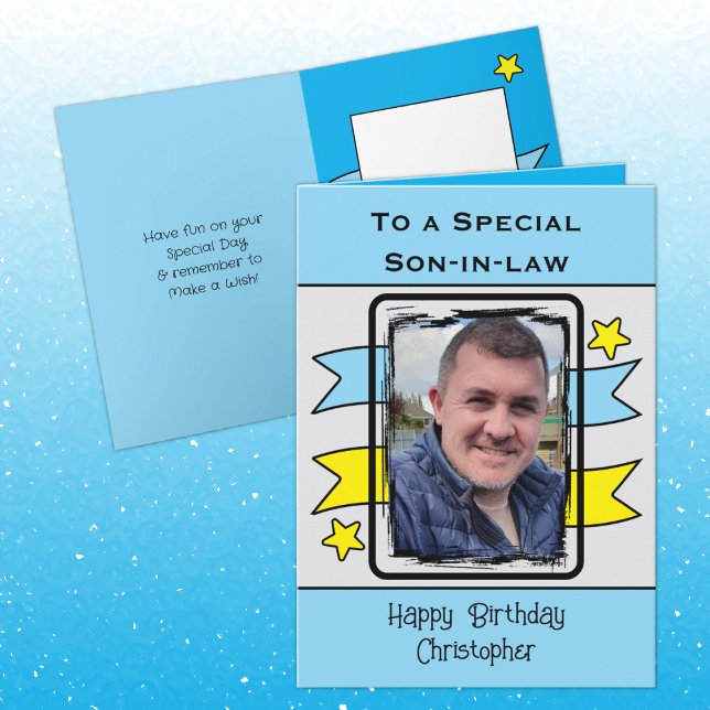 Special Son in law blue yellow photo birthday Card (Creator Uploaded)