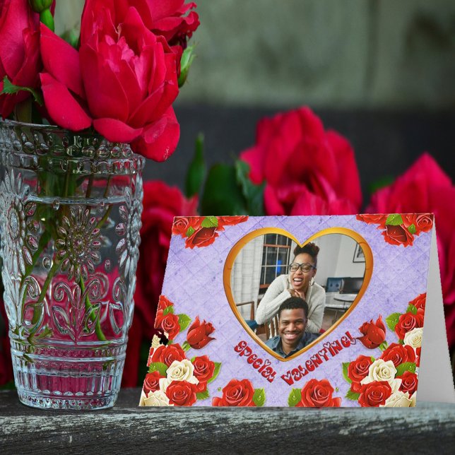 Special Valentine Roses Gold Heart Add Your Photo Holiday Card (Creator Uploaded)
