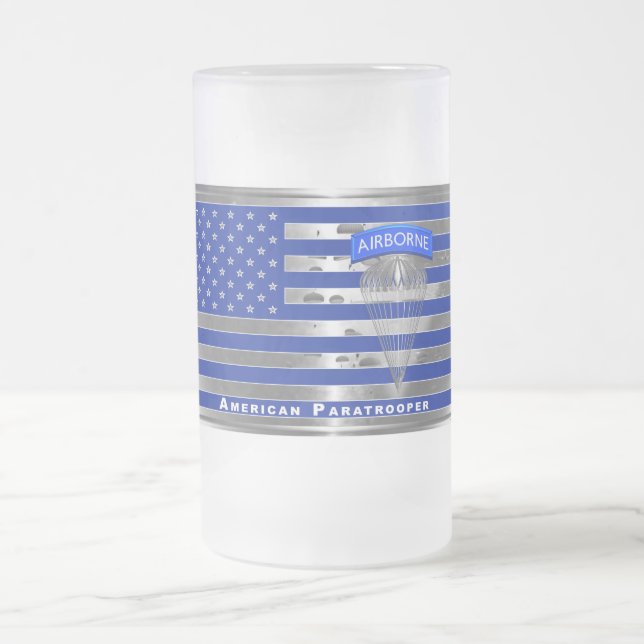 Specially Designed American Paratrooper Flag Frosted Glass Beer Mug (Center)