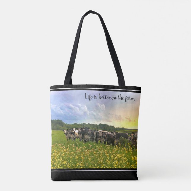 Speckle Park Cattle Under Rain Shower, Sunset Sky Tote Bag (Back)
